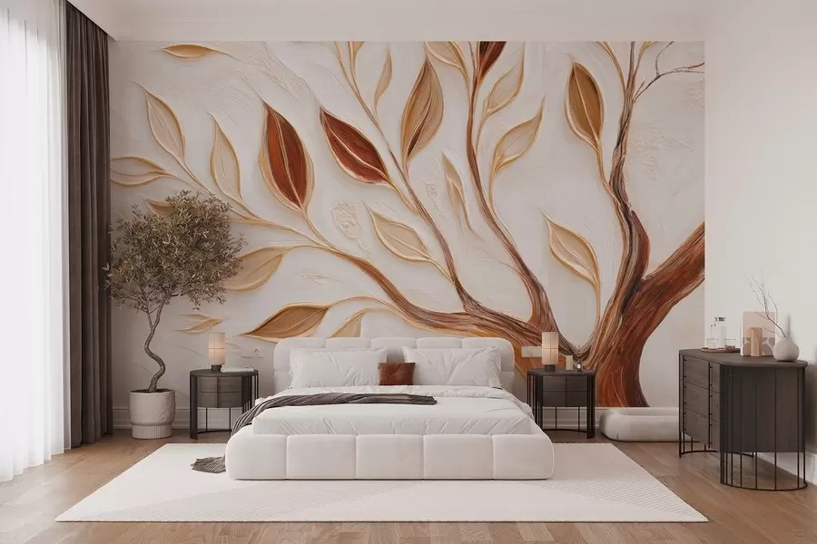 murales de pared Árbol decorativo con hojas e imitación de fondo texturado w09349