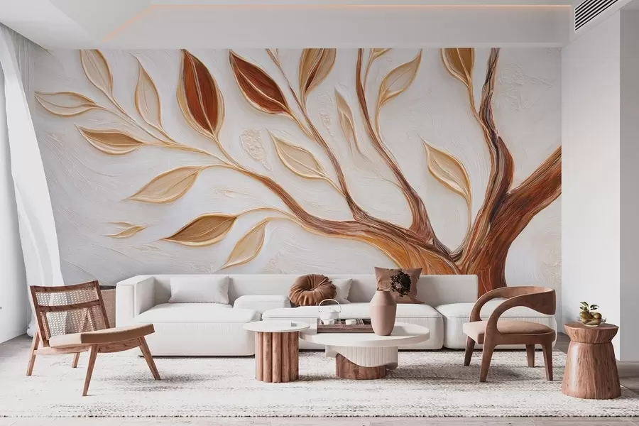 murales de pared Árbol decorativo con hojas e imitación de fondo texturado w09349