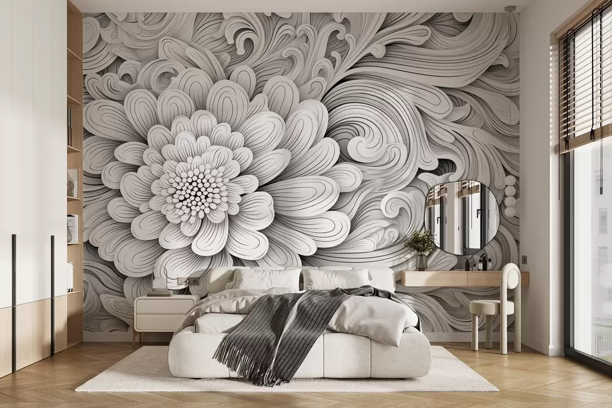 murales de pared Motivo decorativo en blanco y negro en forma de flor y remolinos w09355