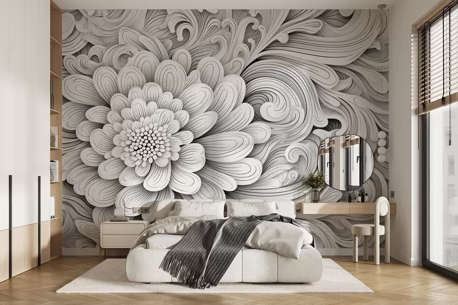 murales de pared Motivo decorativo en blanco y negro en forma de flor y remolinos w09355