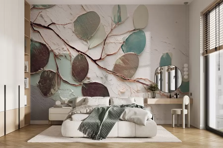 murales de pared Árbol decorativo con hojas e imitación de fondo texturado w09357