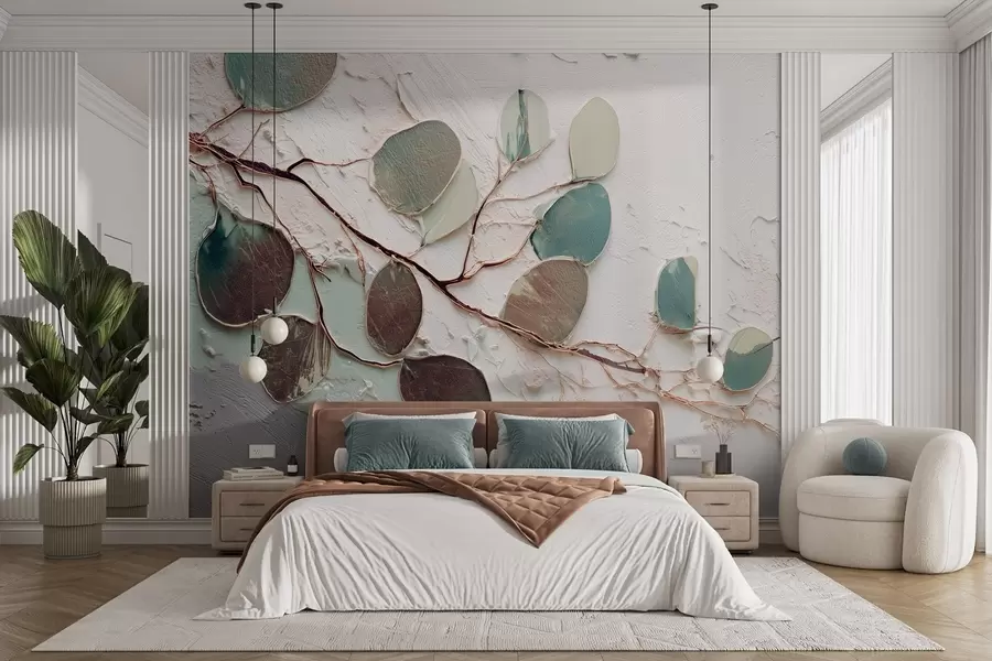 murales de pared Árbol decorativo con hojas e imitación de fondo texturado w09357