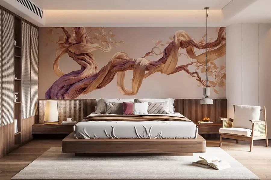murales de pared Tronco de árbol retorcido con hojas decorativas w09360