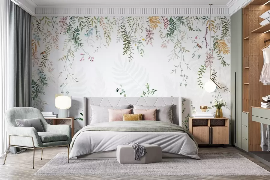 murales de pared Ilustración botánica con helechos, hierba y plantas colgantes, tonos pastel, sobre fondo blanco estilo acuarela texturizada w09364