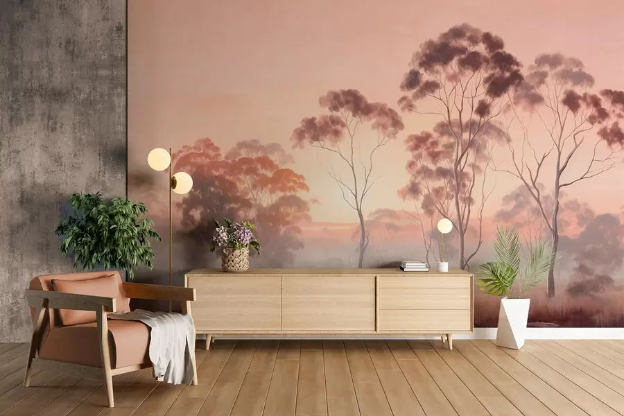 murales de pared Un paisaje con eucaliptos en un campo con cielo rosa pastel y naranja, una ligera niebla, pintura estilo texturizado w09367