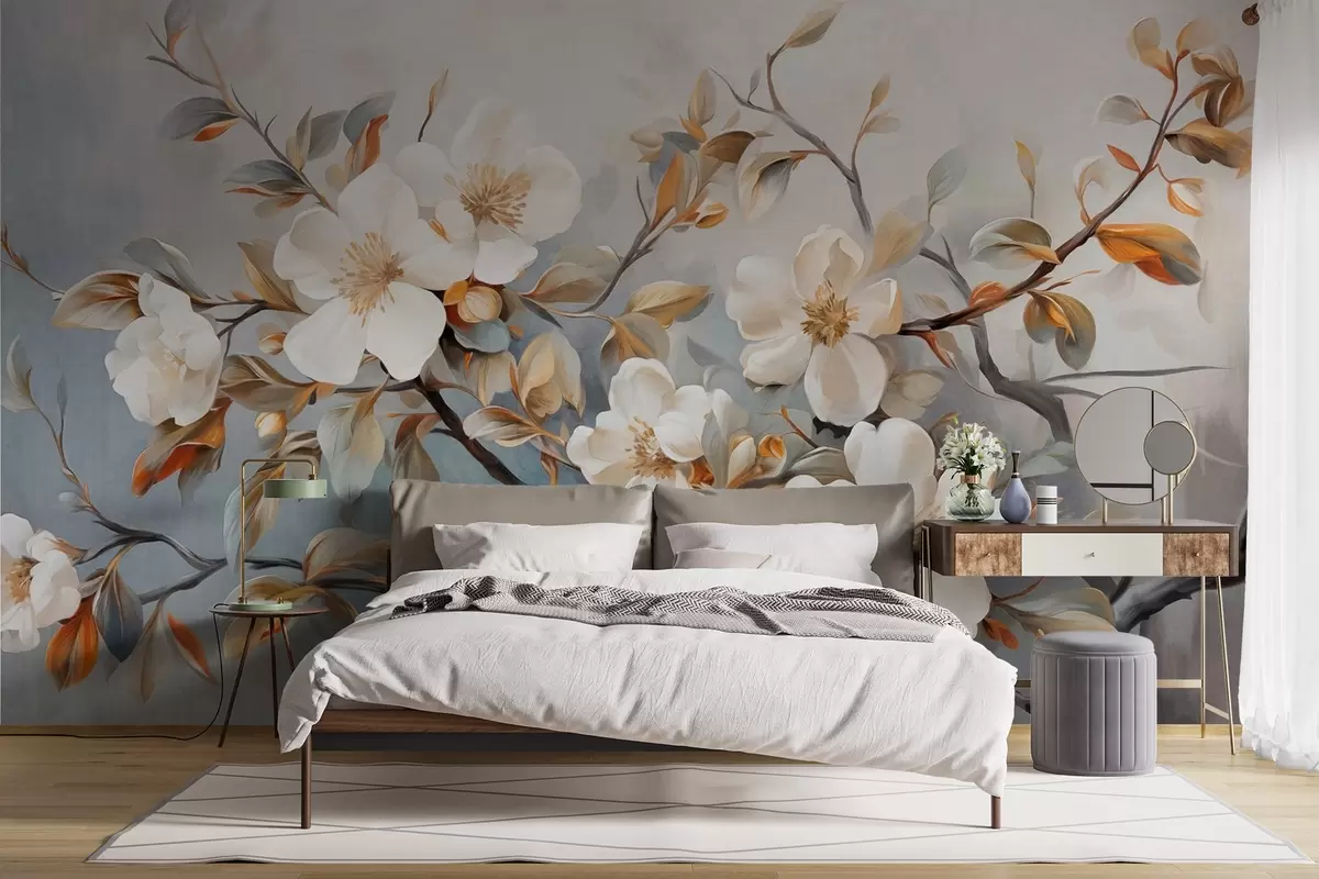 murales de pared Flores blancas con pistilos amarillos en una rama de árbol con hojas, fondo claro, estilo de pintura vintage, impresión texturizada w09368