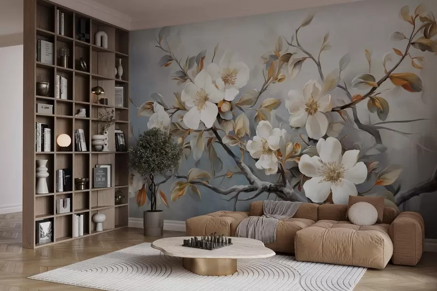 murales de pared Flores blancas con pistilos amarillos en una rama de árbol con hojas, fondo claro, estilo de pintura vintage, impresión texturizada w09368