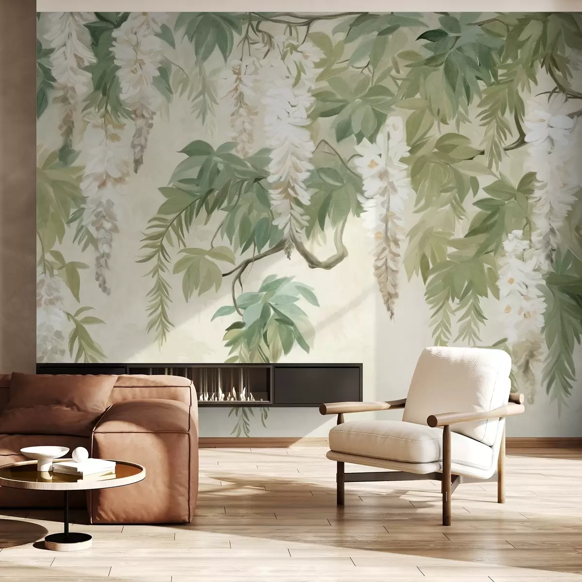 murales de pared Ramas de glicinas con flores blancas y hojas verdes, fondo verde, estilo de pintura vintage con textura w09375