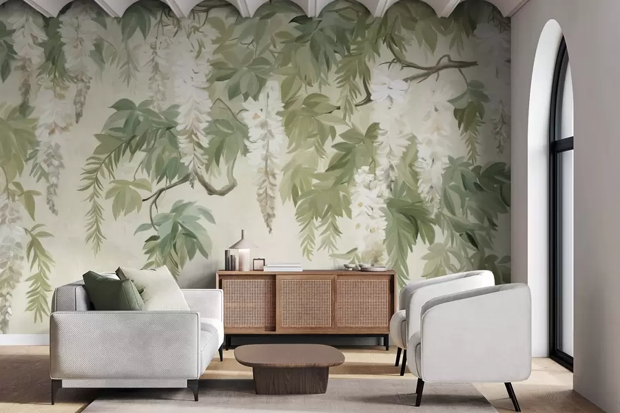 murales de pared Ramas de glicinas con flores blancas y hojas verdes, fondo verde, estilo de pintura vintage con textura w09375