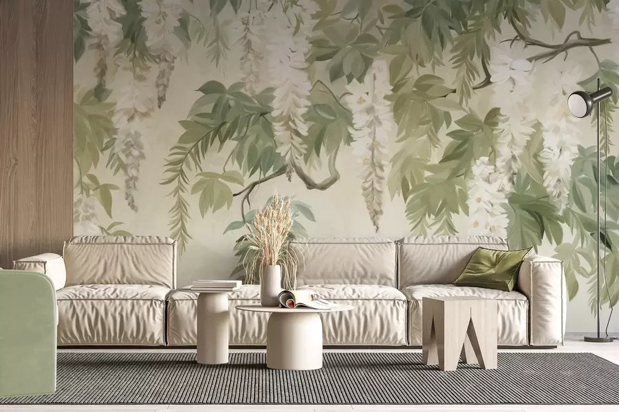 murales de pared Ramas de glicinas con flores blancas y hojas verdes, fondo verde, estilo de pintura vintage con textura w09375