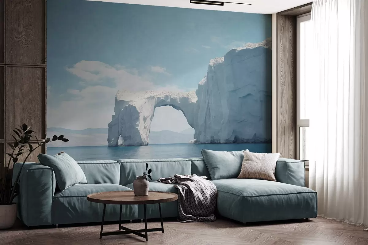 murales de pared Paisaje con puente de hielo natural sobre el océano , cielo azul claro con algunas nubes, impresión texturizada w09383