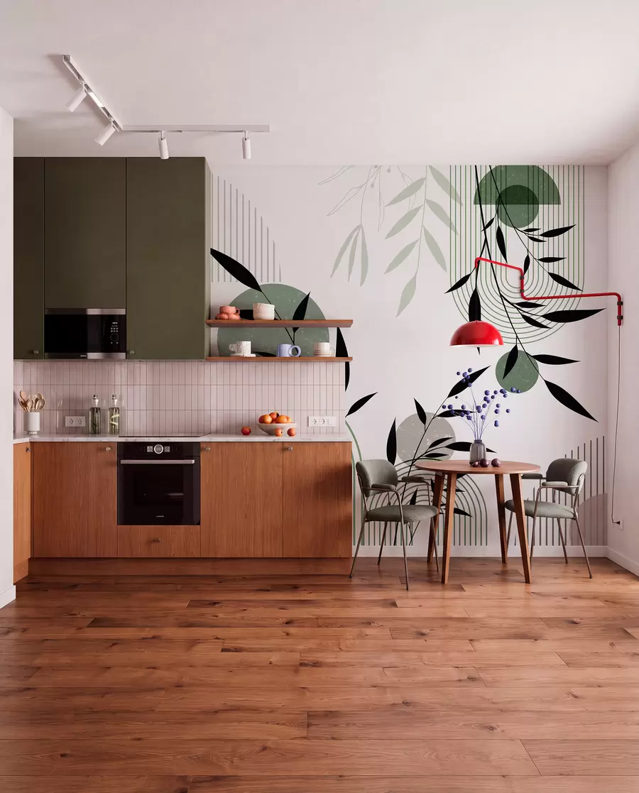 murales de pared Estampado abstracto texturizado con formas geométricas, círculos y arcos y plantas negras y verdes sobre fondo blanco w09384