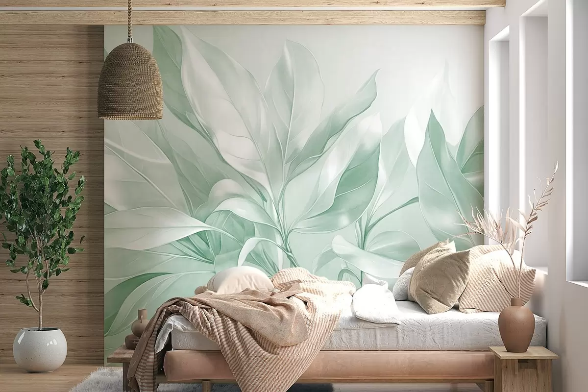 murales de pared Hojas de magnolia con tonos blancos y verdes, iluminación suave, composición elegante, venas de las hojas detalladas, pinceladas artísticas w09385v1