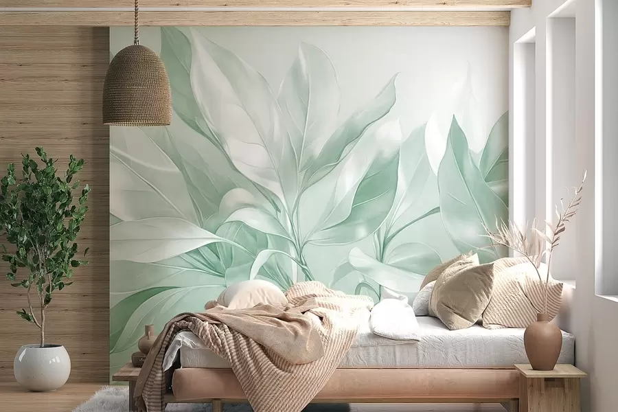 murales de pared Hojas de magnolia con tonos blancos y verdes, iluminación suave, composición elegante, venas de las hojas detalladas, pinceladas artísticas w09385v1