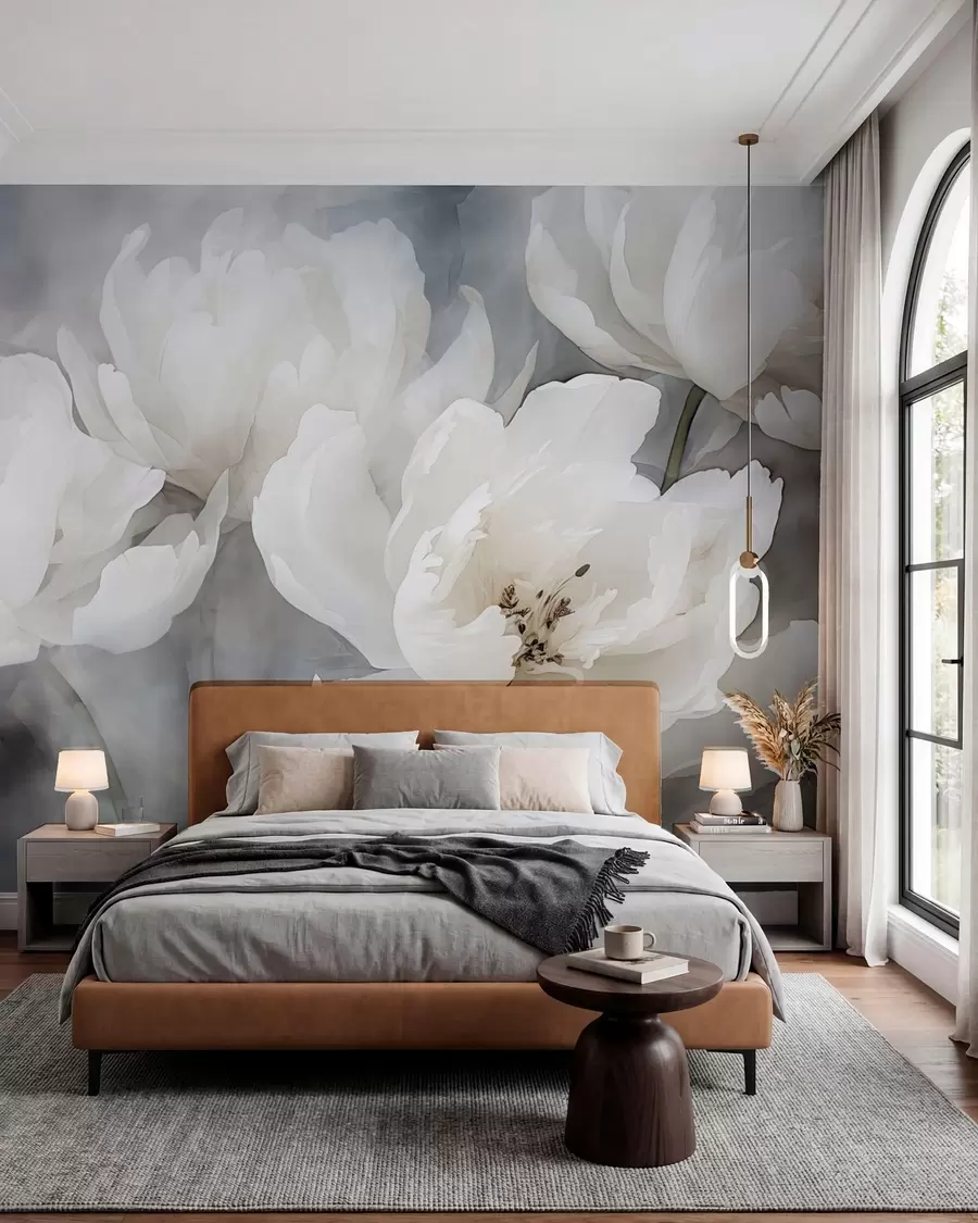 murales de pared Flores blancas sobre un fondo brumoso y delicado w04441