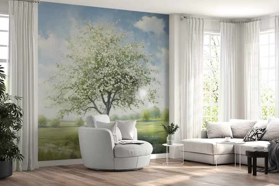murales de pared Un árbol solitario en un campo con flores blancas w04445