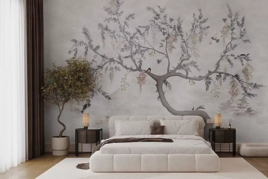 murales de pared Rama de árbol con pájaros en estilo oriental w04456