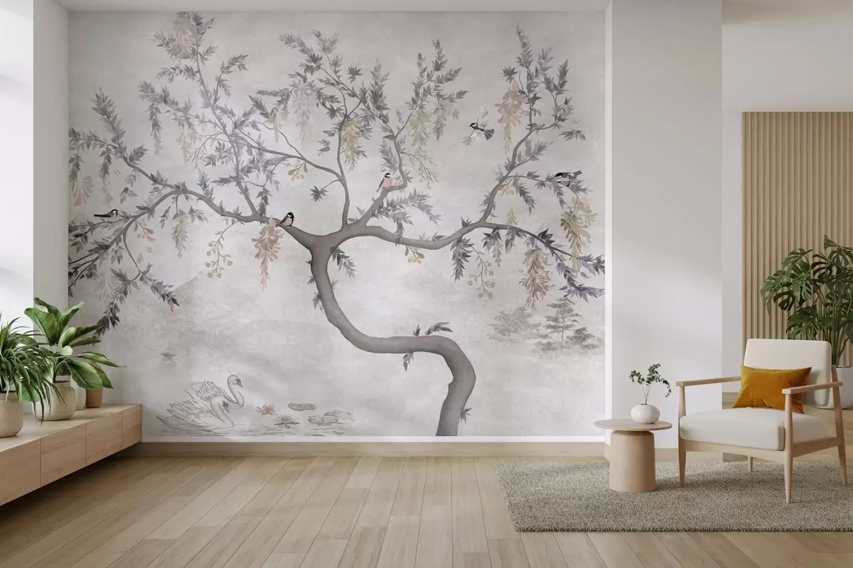 murales de pared Rama de árbol con pájaros en estilo oriental w04456
