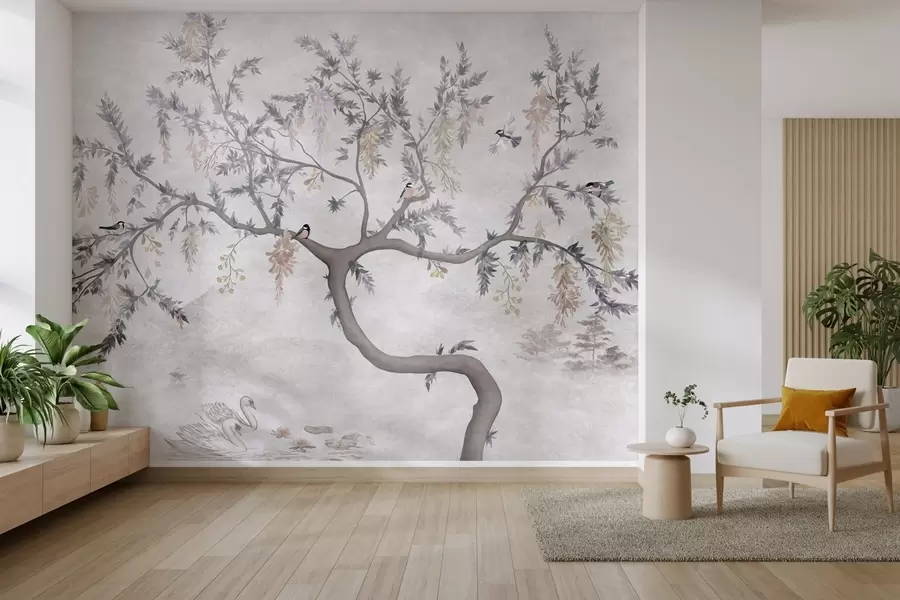 murales de pared Rama de árbol con pájaros en estilo oriental w04456