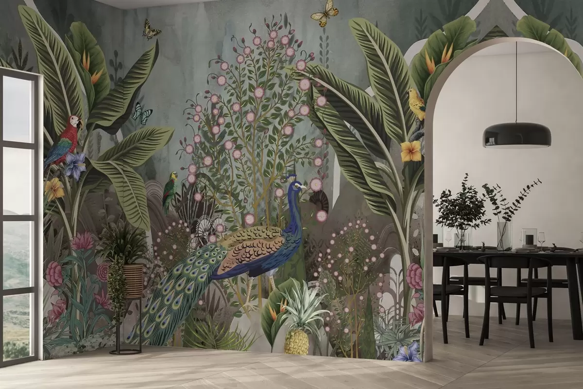 murales de pared Brillantes pájaros tropicales y pavos reales entre plantas exóticas w04457