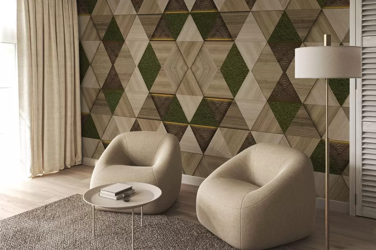 murales de pared Adorno geométrico de madera con musgo w04459