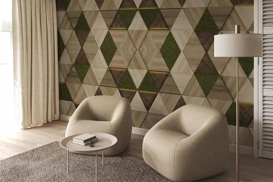 murales de pared Adorno geométrico de madera con musgo w04459