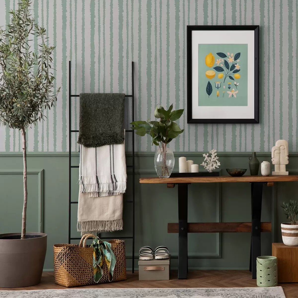 Papel pintado Rayas desiguales de color menta sobre fondo blanco a00510