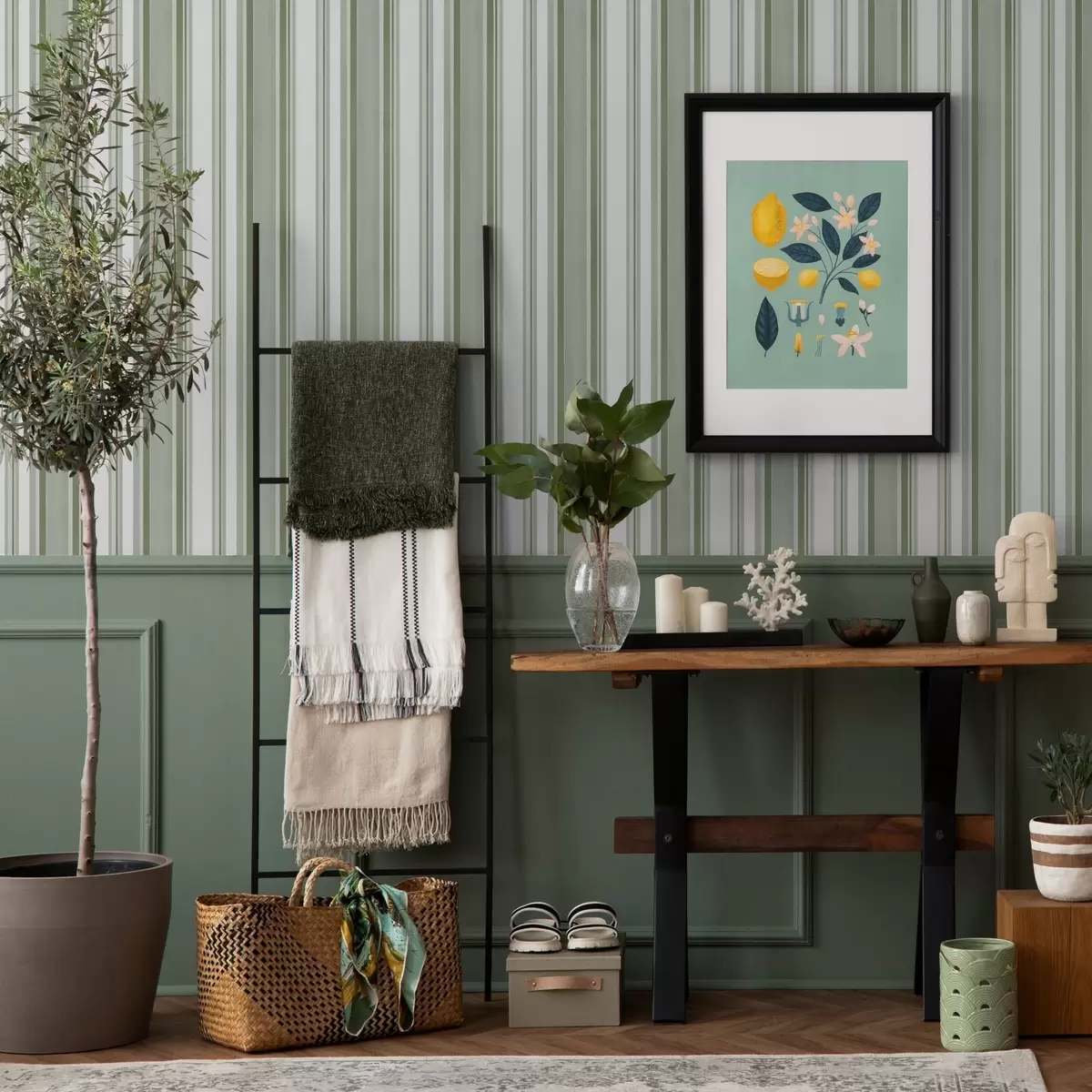 Papel pintado Rayas verdes con intervalos blancos y líneas finas a00526