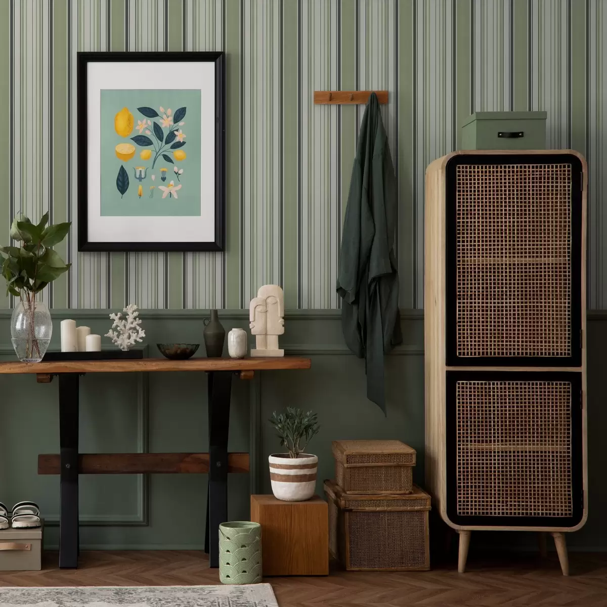 Papel pintado Fondo crema con una mezcla de rayas verdes y negras a00563