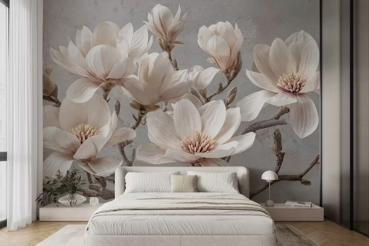 murales de pared Ramas de magnolia con grandes flores claras en tonos apagados w09305