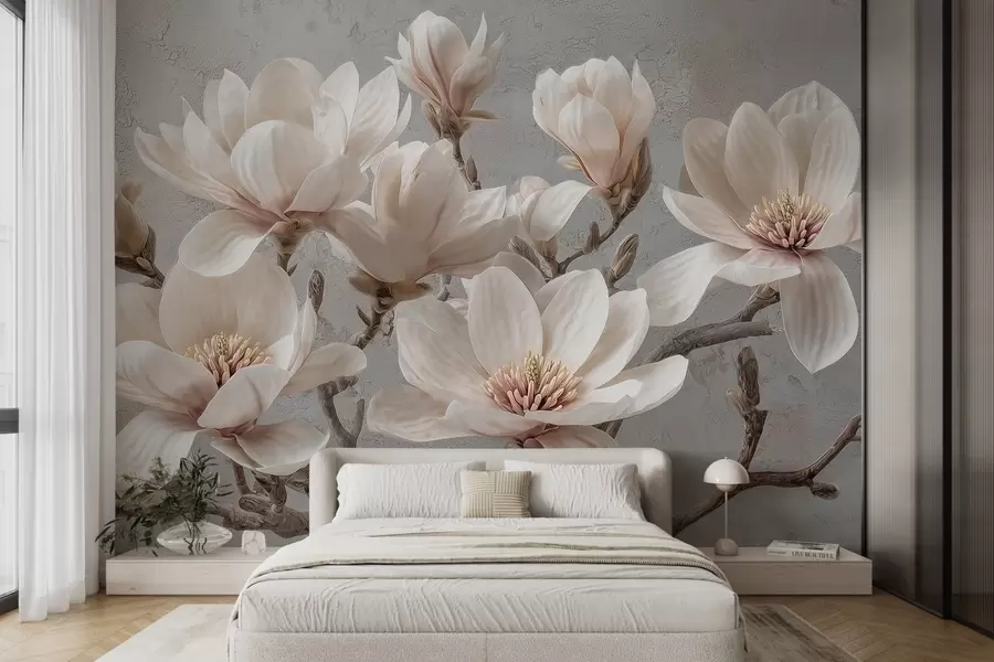 murales de pared Ramas de magnolia con grandes flores claras en tonos apagados w09305