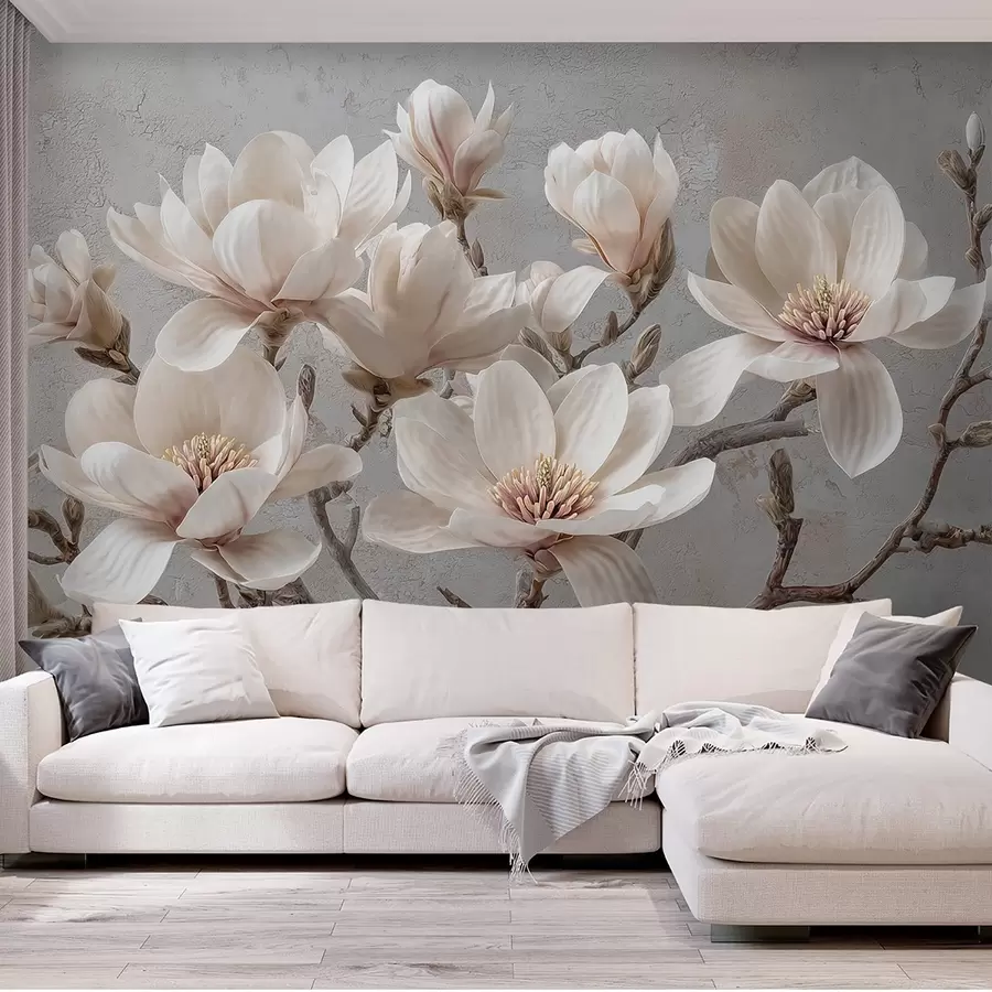 murales de pared Ramas de magnolia con grandes flores claras en tonos apagados w09305