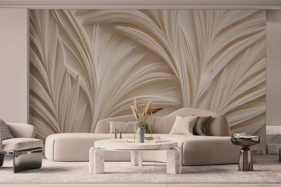 murales de pared Hojas decorativas de color beige en estilo 3D w09351