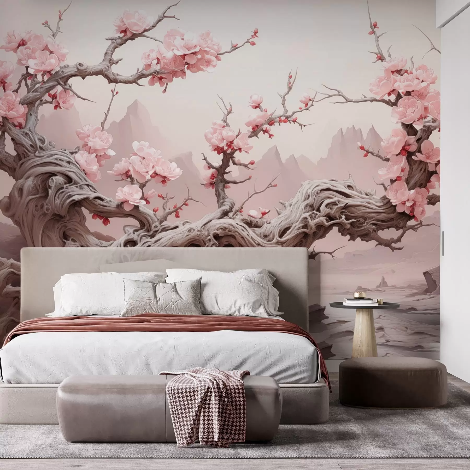 murales de pared Tronco de árbol retorcido con sakura rosa en flor w09388