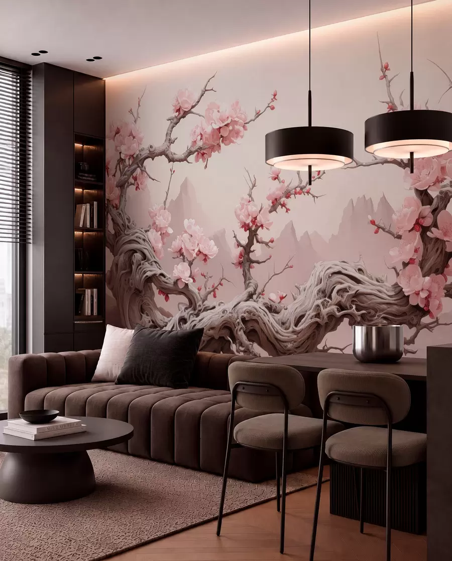 murales de pared Tronco de árbol retorcido con sakura rosa en flor w09388