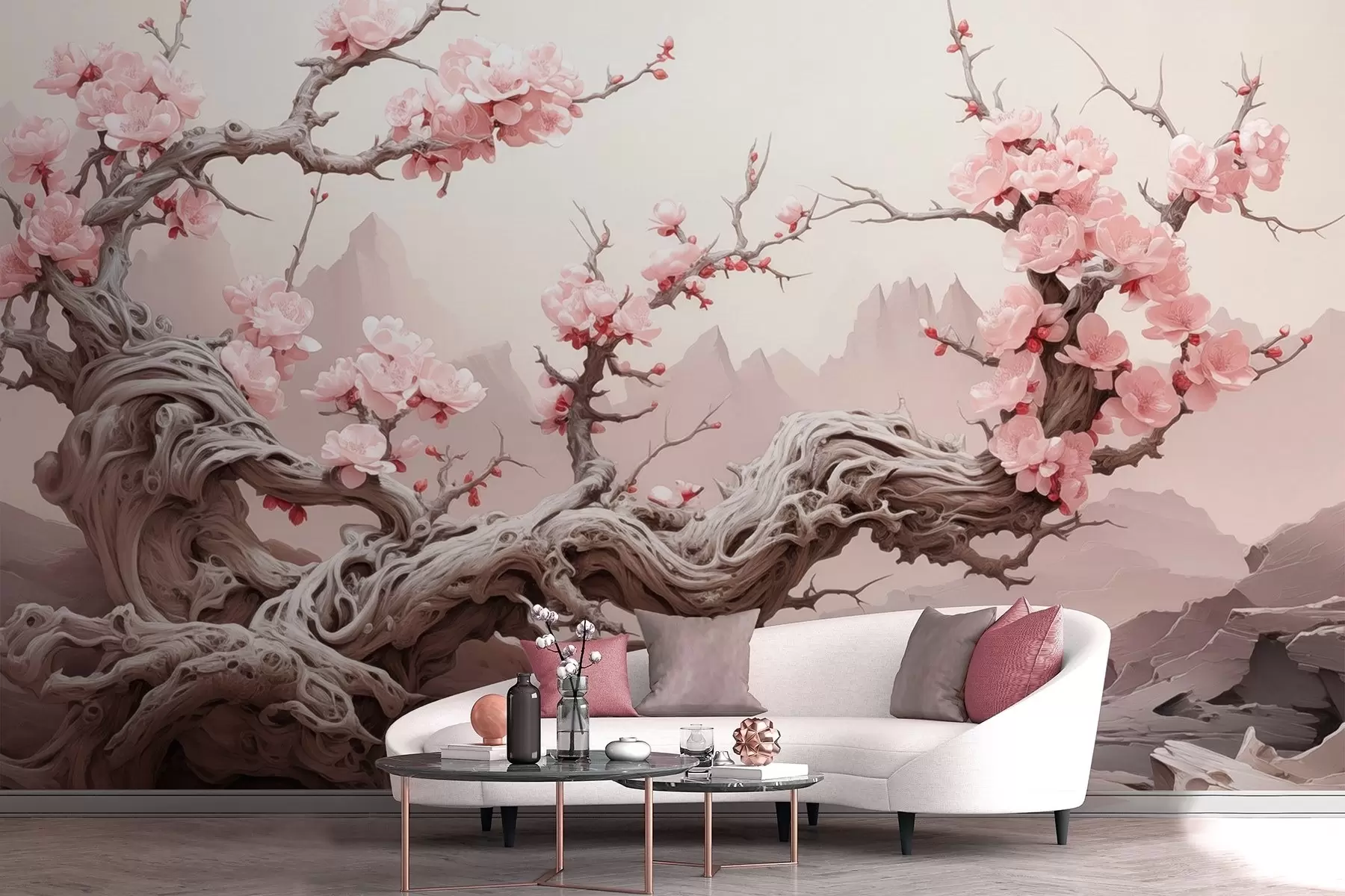 murales de pared Tronco de árbol retorcido con sakura rosa en flor w09388