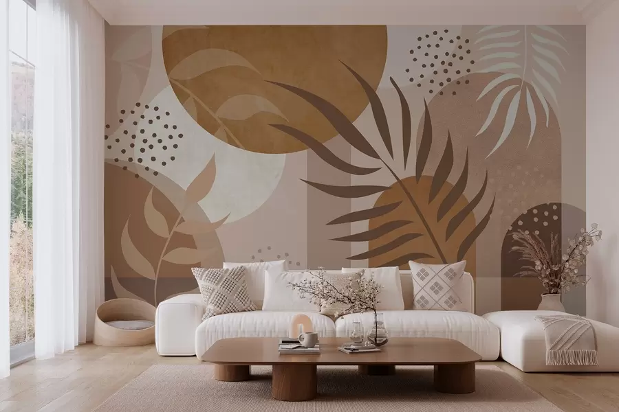murales de pared Abstracción contemporánea con plantas en tonos marrones y beige w04497