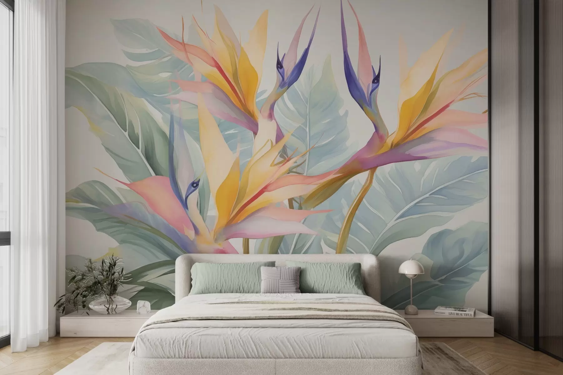 murales de pared Flores y hojas de Strelitzia w04527