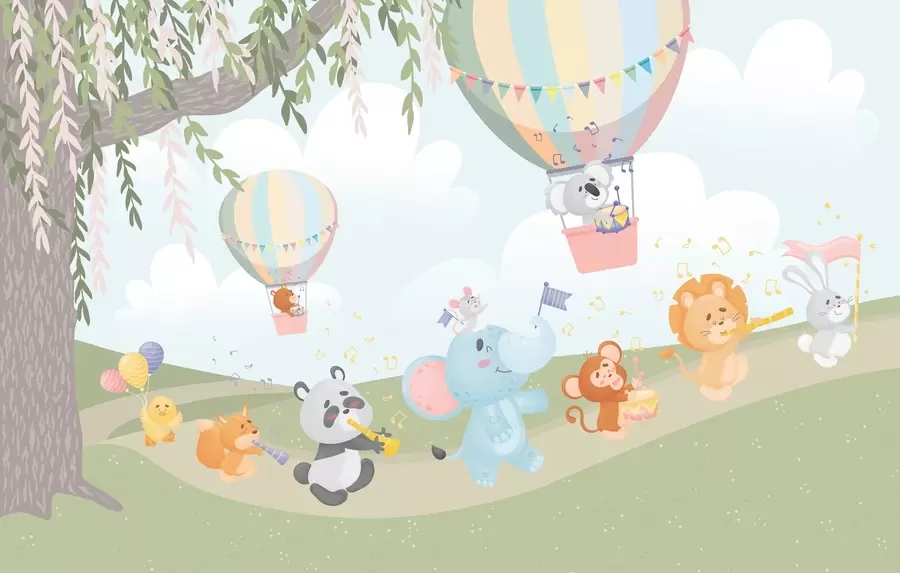 murales de pared Paisaje con animales tocando instrumentos musicales w04200