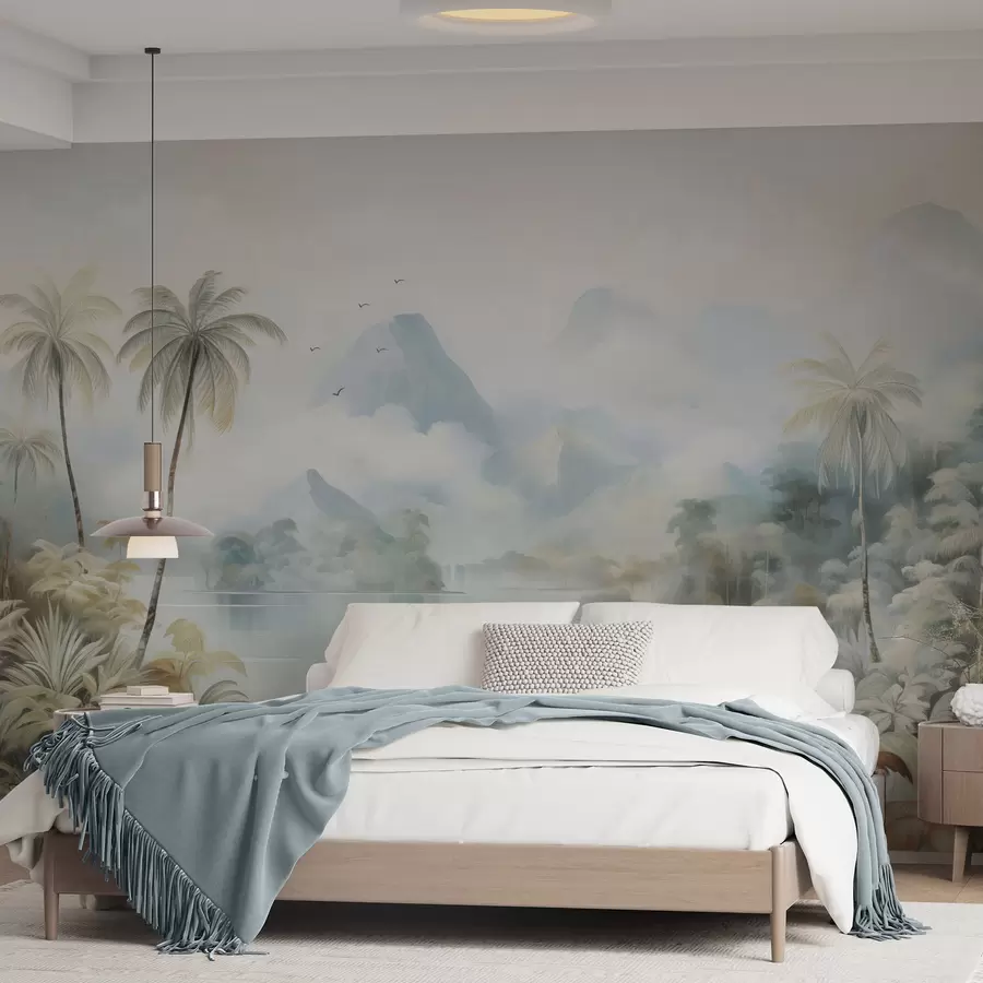 murales de pared Río en la selva cerca de las montañas w04536