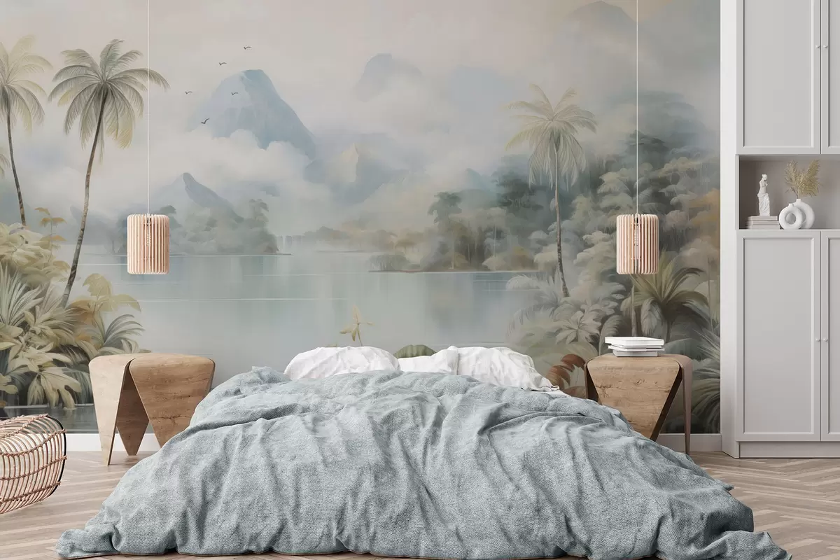 murales de pared Río en la selva cerca de las montañas w04536