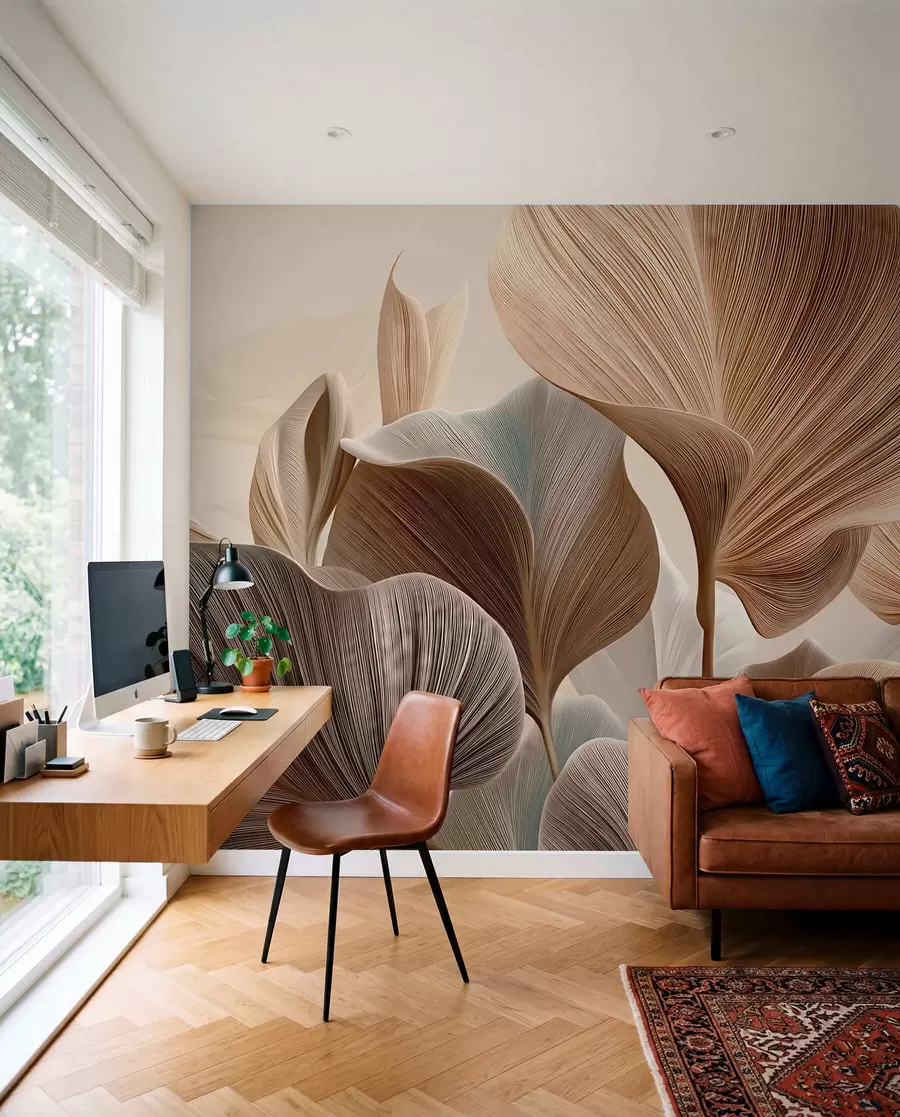 murales de pared Hojas elegantes de color beige con una textura lineal fina w04549
