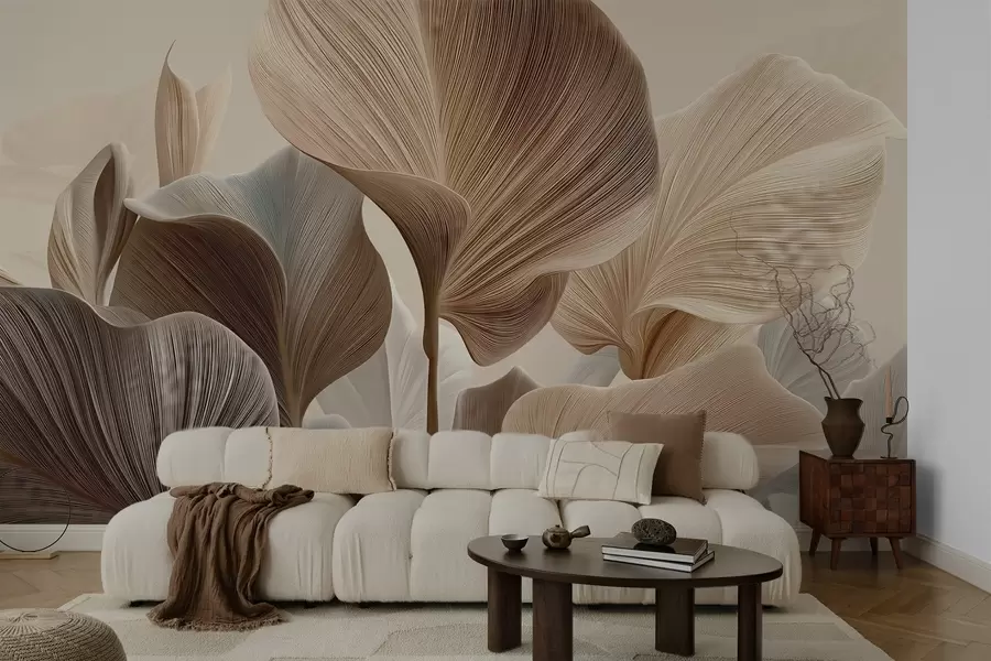 murales de pared Hojas elegantes de color beige con una textura lineal fina w04549