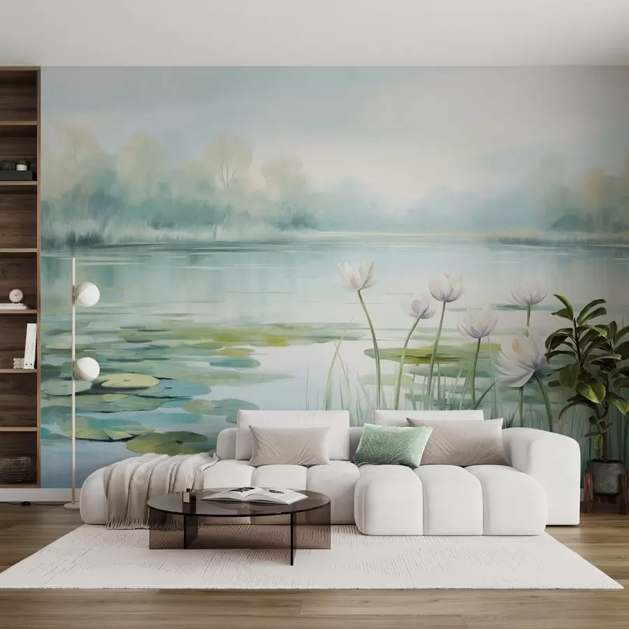 murales de pared Paisaje con un lago, nenúfares y hojas de nenúfar, árboles al fondo, en un entorno tranquilo, tonos azul claro y verde w09395