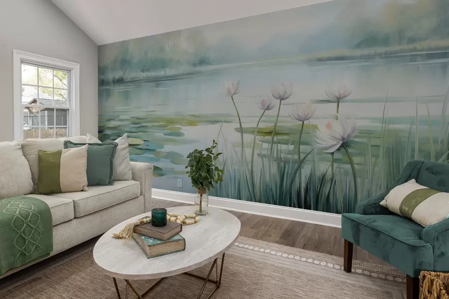 murales de pared Paisaje con un lago, nenúfares y hojas de nenúfar, árboles al fondo, en un entorno tranquilo, tonos azul claro y verde w09395