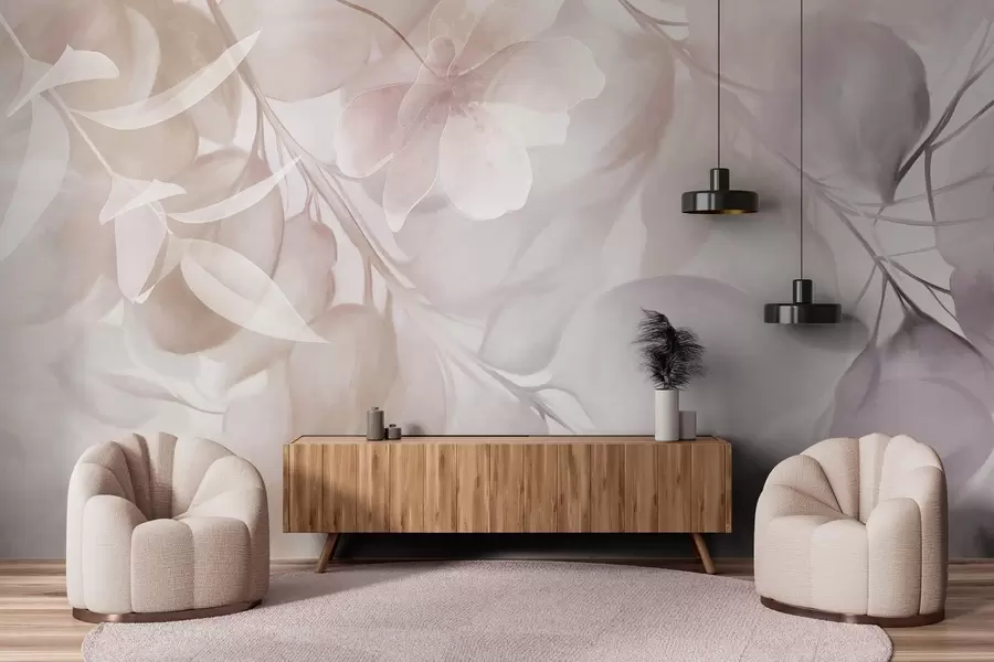 murales de pared Arte floral con flores, hojas y ramas en tonos beige y marrón apagados, colores pastel suaves y efecto texturizado acuarela w09397