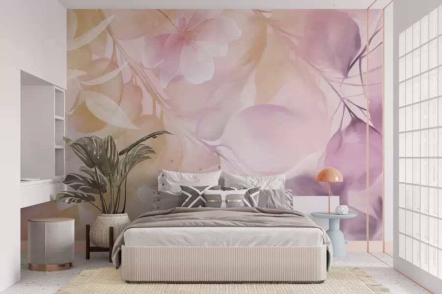 murales de pared Arte floral con flores, hojas y ramas en tonos amarillos y morados apagados, colores pastel suaves y efecto texturizado de acuarela w09397v2