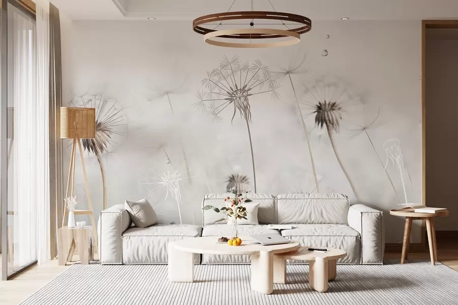 murales de pared Dientes de león con gotas de agua, fondo blanco, primer plano, luz suave, naturaleza, botánico, etéreo, delicado, minimalista w09399