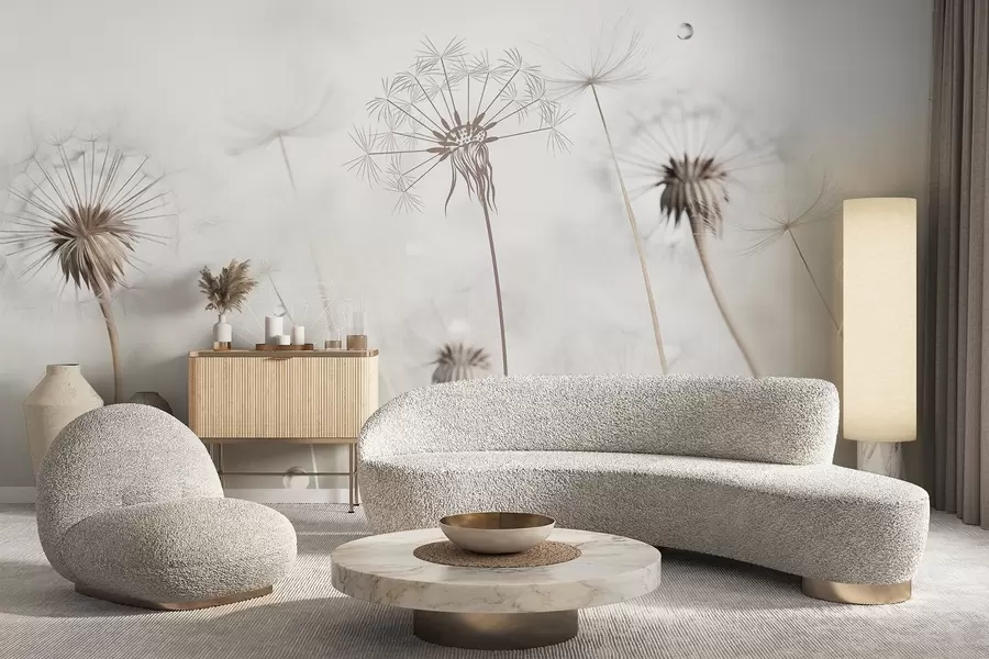 murales de pared Dientes de león con gotas de agua, fondo blanco, primer plano, luz suave, naturaleza, botánico, etéreo, delicado, minimalista w09399