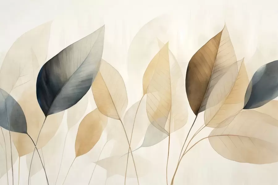 murales de pared Pintura texturizada imitación de hojas en tonos marrones, amarillos y grises, con delicadas venas y tallos w09400